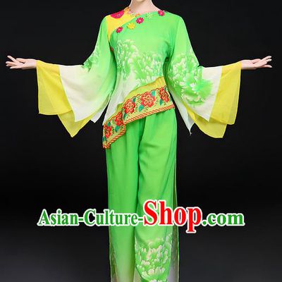 Traditional Chinese Yangge Fan Dancing Costume, Folk Dance Yangko Mandarin Sleeve Peony Uniforms, Classic Umbrella Dance Elegant Dress Drum Dance Clothing for Women