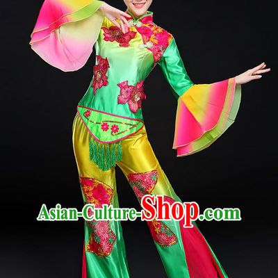 Traditional Chinese Yangge Fan Dancing Costume, Folk Dance Yangko Mandarin Sleeve Peony Uniforms, Classic Umbrella Dance Elegant Dress Drum Dance Clothing for Women