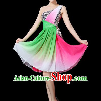Traditional Chinese Yangge Fan Dancing Costume, Folk Dance Yangko Paillette Uniforms, Classic Umbrella Dance Elegant Short Dress Drum Dance Clothing for Women