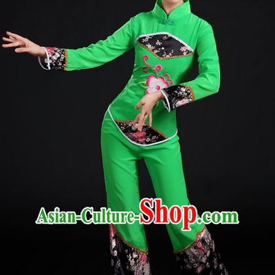 Traditional Chinese Yangge Fan Dancing Costume, Folk Dance Yangko Uniforms, Classic Umbrella Dance Elegant Dress Drum Dance Green Clothing for Women