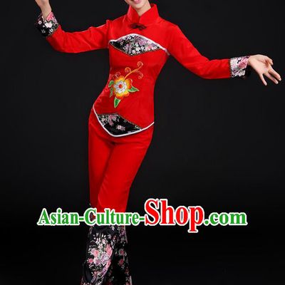 Traditional Chinese Yangge Fan Dancing Costume, Folk Dance Yangko Uniforms, Classic Umbrella Dance Elegant Dress Drum Dance Red Clothing for Women