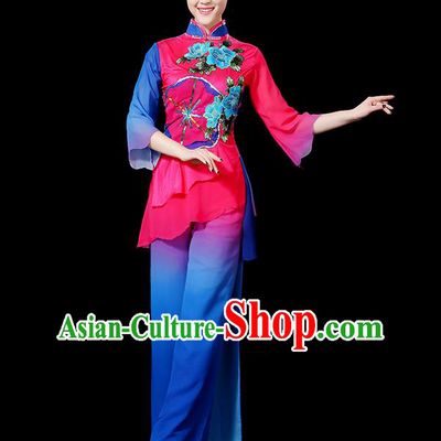 Traditional Chinese Yangge Fan Dancing Costume, Folk Dance Yangko Flowers Uniforms, Classic Umbrella Dance Elegant Dress Drum Dance Clothing for Women