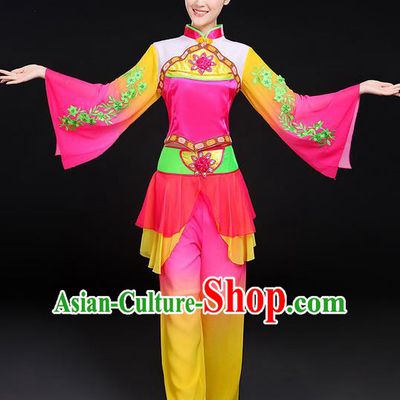 Traditional Chinese Yangge Fan Dancing Costume, Folk Dance Yangko Flowers Mandarin Sleeve Uniforms, Classic Umbrella Dance Elegant Dress Drum Dance Clothing for Women