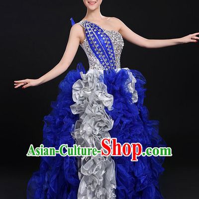 Traditional Chinese Modern Dancing Compere Costume, Women Opening Classic Chorus Singing Group Dance Paillette Dress Uniforms, Modern Dance Classic Dance Big Swing Royalblue Dress for Women