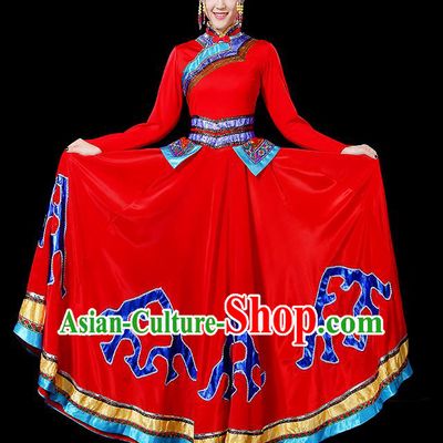Traditional Chinese Mongol Nationality Dancing Costume, Mongols Female Folk Dance Ethnic Big Swing Dress, Chinese Mongolian Minority Nationality Embroidery Costume for Women