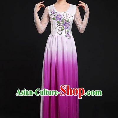 Traditional Chinese Modern Dancing Compere Costume, Women Opening Classic Chorus Singing Group Dance Dress Uniforms, Modern Dance Classic Dance Big Swing Purple Dress for Women