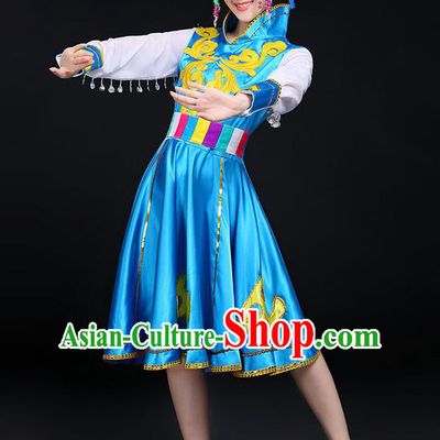 Traditional Chinese Mongol Nationality Dancing Costume, Mongols Female Folk Dance Ethnic Blue Skirt, Chinese Mongolian Minority Nationality Embroidery Costume for Women