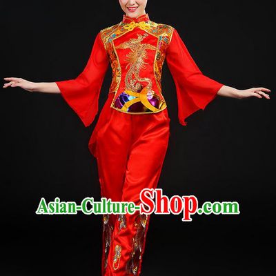 Traditional Chinese Yangge Fan Dancing Costume, Folk Dance Yangko Mandarin Sleeve Uniforms, Classic Umbrella Dance Elegant Dress Drum Dance Phoenix Clothing for Women