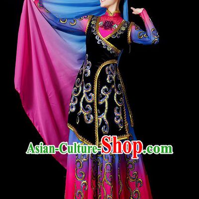 Traditional Chinese Uyghur Nationality Dancing Costume, Folk Dance Ethnic Embroidered Dress, Chinese Minority Nationality Uigurian Dance Costume for Women