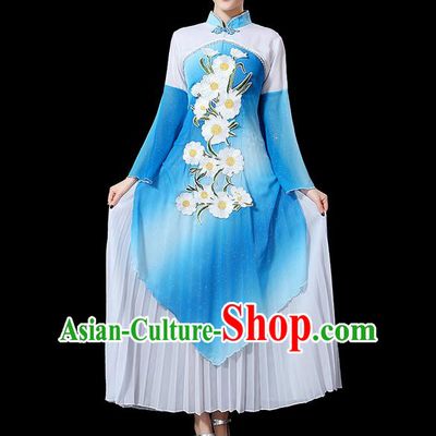 Traditional Chinese Yangge Fan Dancing Costume, Folk Dance Yangko Mandarin Sleeve Uniforms, Classic Umbrella Dance Elegant Dress Drum Dance Blue Clothing for Women