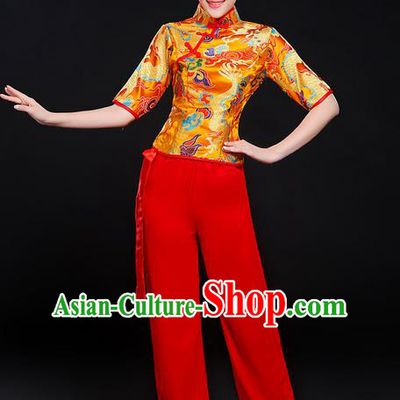Traditional Chinese Yangge Fan Dancing Costume, Folk Dance Yangko Dragon Uniforms, Classic Umbrella Dance Elegant Dress Drum Dance Gold Clothing for Women