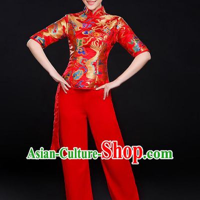 Traditional Chinese Yangge Fan Dancing Costume, Folk Dance Yangko Dragon Uniforms, Classic Umbrella Dance Elegant Dress Drum Dance Red Clothing for Women