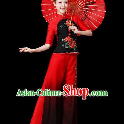 Traditional Chinese Yangge Fan Dancing Costume, Folk Dance Yangko Peony Uniforms, Classic Umbrella Dance Elegant Dress Drum Dance Red Clothing for Women