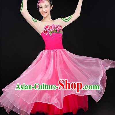 Traditional Chinese Yangge Fan Dancing Costume, Folk Dance Yangko Peony Uniforms, Classic Umbrella Dance Elegant Big Swing Dress Drum Dance Clothing for Women