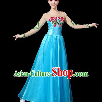 Traditional Chinese Yangge Fan Dancing Costume, Folk Dance Yangko Flowers Peony Uniforms, Classic Umbrella Dance Elegant Blue Dress Drum Dance Clothing for Women