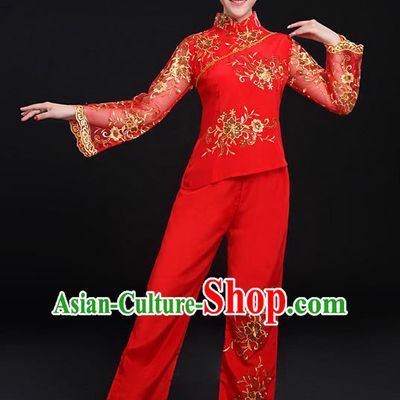 Traditional Chinese Yangge Fan Dancing Costume, Folk Dance Yangko Gilding Flowers Peony Uniforms, Classic Umbrella Dance Elegant Dress Drum Dance Red Clothing for Women