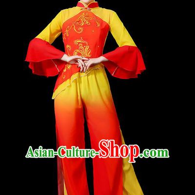 Traditional Chinese Yangge Fan Dancing Costume, Folk Dance Yangko Flowers Mandarin Sleeve Embroidered Peony Uniforms, Classic Umbrella Dance Elegant Dress Drum Dance Clothing for Women