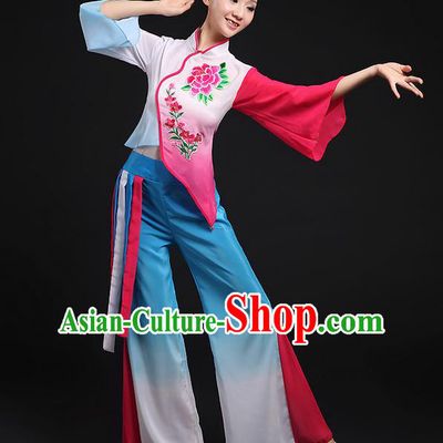 Traditional Chinese Yangge Fan Dancing Costume, Folk Dance Yangko Flowers Mandarin Sleeve Embroidered Peony Uniforms, Classic Umbrella Dance Elegant Dress Drum Dance Blue Clothing for Women