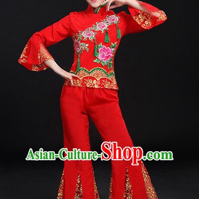 Traditional Chinese Yangge Fan Dancing Costume, Folk Dance Yangko Flowers Mandarin Sleeve Embroidered Peony Uniforms, Classic Umbrella Dance Elegant Dress Drum Dance Red Clothing for Women