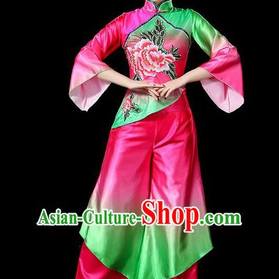 Traditional Chinese Yangge Fan Dancing Costume, Folk Dance Yangko Flowers Peony Uniforms, Classic Umbrella Dance Elegant Dress Drum Dance Clothing for Women