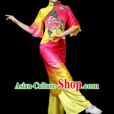 Traditional Chinese Yangge Fan Dancing Costume, Folk Dance Yangko Flowers Peony Uniforms, Classic Umbrella Dance Elegant Dress Drum Dance Pink Clothing for Women