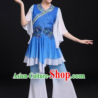 Traditional Chinese Yangge Fan Dancing Costume, Folk Dance Yangko Flowers Mandarin Sleeve Uniforms, Classic Umbrella Dance Elegant Dress Drum Dance Blue Clothing for Women