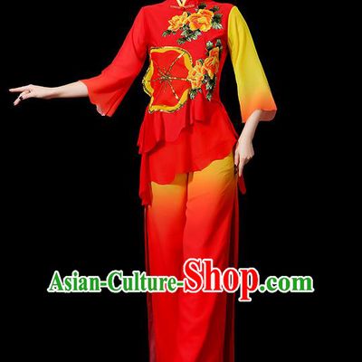 Traditional Chinese Yangge Fan Dancing Costume, Folk Dance Yangko Mandarin Sleeve Embroidered Peony Uniforms, Classic Umbrella Dance Elegant Dress Drum Dance Red Clothing for Women