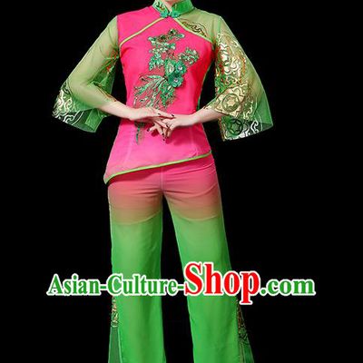 Traditional Chinese Yangge Fan Dancing Costume, Folk Dance Yangko Mandarin Sleeve Uniforms, Classic Umbrella Dance Elegant Dress Drum Dance Green Clothing for Women