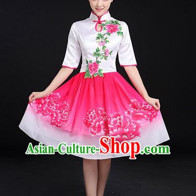 Traditional Chinese Modern Dancing Compere Costume, Women Opening Classic Chorus Singing Group Dance Bubble Peony Uniforms, Modern Dance Classic Dance Big Swing Cheongsam Pink Dress for Women