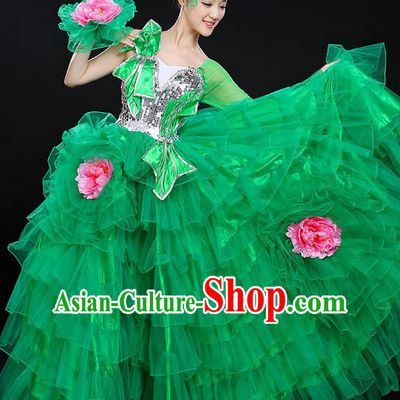 Traditional Chinese Modern Dancing Compere Costume, Women Opening Classic Chorus Singing Group Dance Bubble Peony Uniforms, Modern Dance Classic Dance Big Swing Green Dress for Women