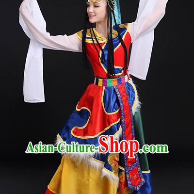 Traditional Chinese Mongol Nationality Dancing Costume, Mongols Female Folk Dance Ethnic Long Water-Sleeve Dress, Chinese Mongolian Minority Nationality Embroidery Costume for Women