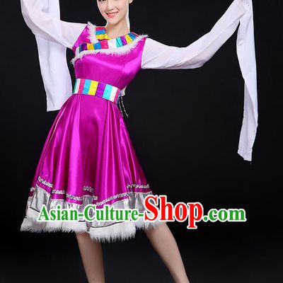 Traditional Chinese Mongol Nationality Dancing Costume, Mongols Female Folk Saussurea Involucrata Dance Ethnic Long Water-Sleeve Dress, Chinese Mongolian Minority Nationality Embroidery Purple Costume for Women