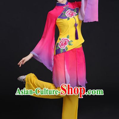 Traditional Chinese Yangge Fan Dancing Costume, Folk Dance Yangko Chinese Knot Tassel Uniforms, Classic Umbrella Dance Elegant Dress Drum Dance Peony Clothing for Women