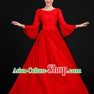 Traditional Chinese Modern Dancing Compere Costume, Women Opening Classic Chorus Singing Group Dance Dress Uniforms, Modern Dance Classic Dance Big Swing Red Dress for Women