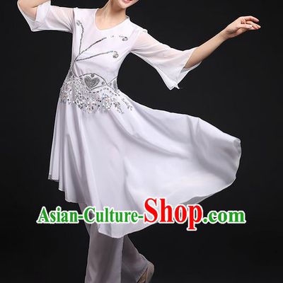 Traditional Chinese Yangge Fan Dancing Costume, Folk Dance Yangko Uniforms, Classic Umbrella Dance Elegant Big Swing Ink Painting Dress Drum Dance Clothing for Women