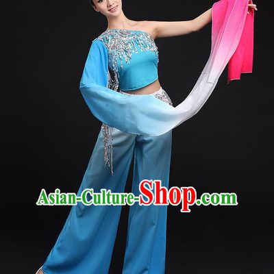 Traditional Chinese Yangge Fan Dancing Costume, Folk Dance Yangko Water Sleeve Paillette Uniforms, Classic Umbrella Dance Elegant Dress Drum Dance Blue Clothing for Women