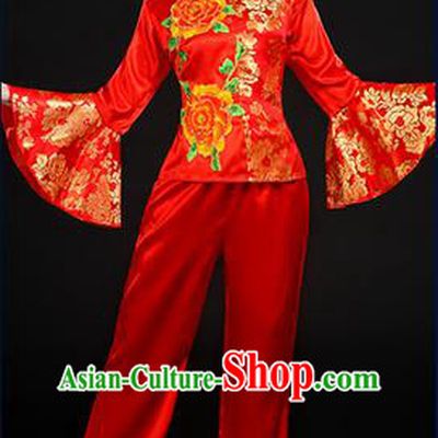 Traditional Chinese Yangge Fan Dancing Costume, Folk Dance Yangko Mandarin Sleeve Satin Peony Uniforms, Classic Umbrella Dance Elegant Dress Drum Dance Red Clothing for Women