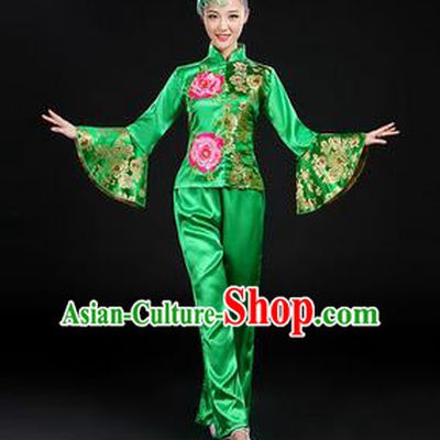 Traditional Chinese Yangge Fan Dancing Costume, Folk Dance Yangko Mandarin Sleeve Satin Peony Uniforms, Classic Umbrella Dance Elegant Dress Drum Dance Green Clothing for Women
