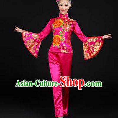 Traditional Chinese Yangge Fan Dancing Costume, Folk Dance Yangko Mandarin Sleeve Satin Peony Uniforms, Classic Umbrella Dance Elegant Dress Drum Dance Rose Clothing for Women