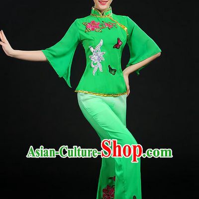 Traditional Chinese Yangge Fan Dancing Costume, Folk Dance Yangko Mandarin Sleeve Butterfly Peony Uniforms, Classic Umbrella Dance Elegant Dress Drum Dance Clothing for Women