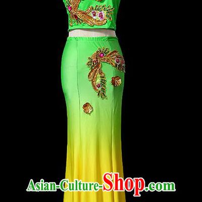 Traditional Chinese Dai Nationality Peacock Dancing Costume, Folk Dance Ethnic Fishtail Dress Uniform, Chinese Minority Nationality Dancing Green Clothing for Women