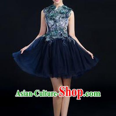Traditional Chinese Modern Dancing Compere Costume, Women Opening Classic Chorus Singing Group Dance Paillette Uniforms, Modern Dance Bubble Short Deep Blue Dress for Women
