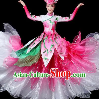 Traditional Chinese Dancing Costume and Headwear Complete Set, Women Opening Classic Chorus Singing Group Dance Lotus Uniforms Classic Dance Big Swing Pink Dress for Women