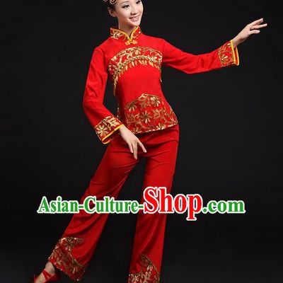 Traditional Chinese Yangge Fan Dancing Costume, Folk Dance Yangko Gilding Paillette Uniforms, Classic Umbrella Dance Elegant Dress Drum Dance Red Clothing for Women