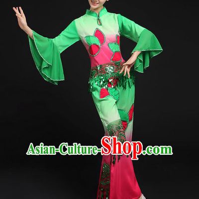 Traditional Chinese Yangge Fan Dancing Costume, Folk Dance Yangko Lotus Paillette Uniforms, Classic Umbrella Dance Elegant Dress Drum Dance Green Clothing for Women