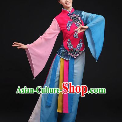 Traditional Chinese Yangge Fan Dancing Costume, Folk Dance Yangko Mandarin Sleeve Uniforms, Classic Umbrella Dance Elegant Dress Drum Dance Blue Clothing for Women