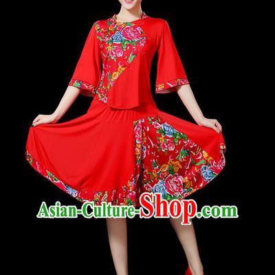 Traditional Chinese Yangge Fan Dancing Costume, Folk Dance Yangko Mandarin Sleeve Satin Peony Uniforms, Classic Umbrella Dance Elegant Dress Drum Dance Red Clothing for Women