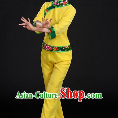 Traditional Chinese Yangge Fan Dancing Costume, Folk Dance Yangko Yellow Uniforms, Classic Umbrella Dance Elegant Dress Drum Dance Clothing for Women