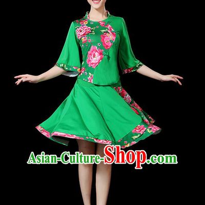 Traditional Chinese Yangge Fan Dancing Costume, Folk Dance Yangko Mandarin Sleeve Satin Peony Uniforms, Classic Umbrella Dance Elegant Dress Drum Dance Green Clothing for Women