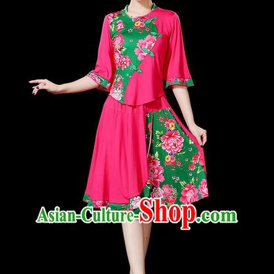 Traditional Chinese Yangge Fan Dancing Costume, Folk Dance Yangko Mandarin Sleeve Satin Peony Uniforms, Classic Umbrella Dance Elegant Dress Drum Dance Pink Clothing for Women